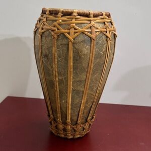 Vintage Wicker Rattan Wrapped Clay Vase/Pot. Woven Decorative Vase